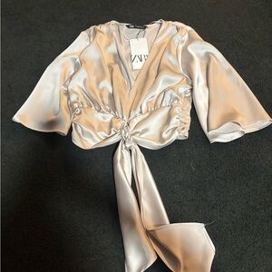 Zara Silver Satin Blouse with Tie Detail